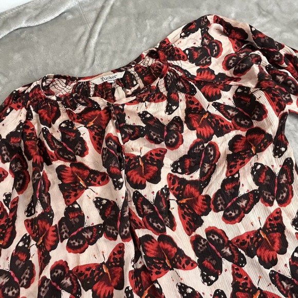 Tucker top blouse S/M Butterfly Silk 3/4 Sleeve Button Up Blouse Boho Designer - Picture 10 of 12